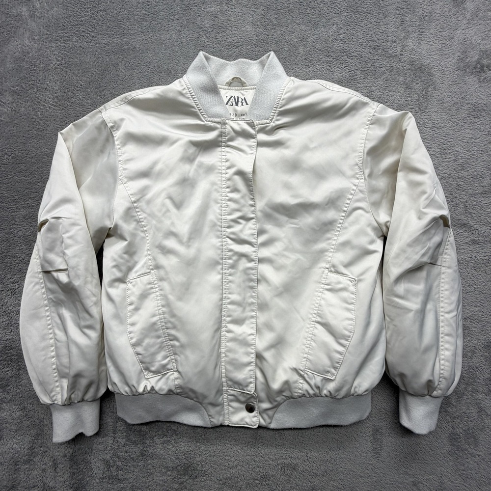 Zara Jacket Youth 9-10 White Bomber Puffer Quilted Lined Full‎ Zip Ribbed Hem